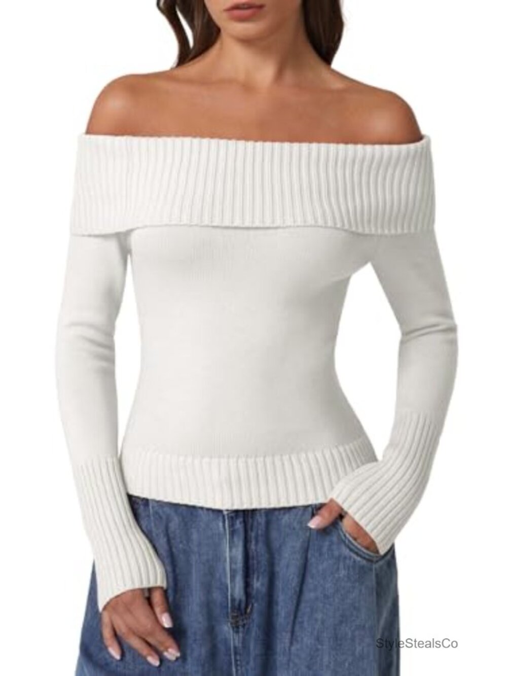 100% Cotton Off the Shoulder Ribbed Knit Pullover Sweater